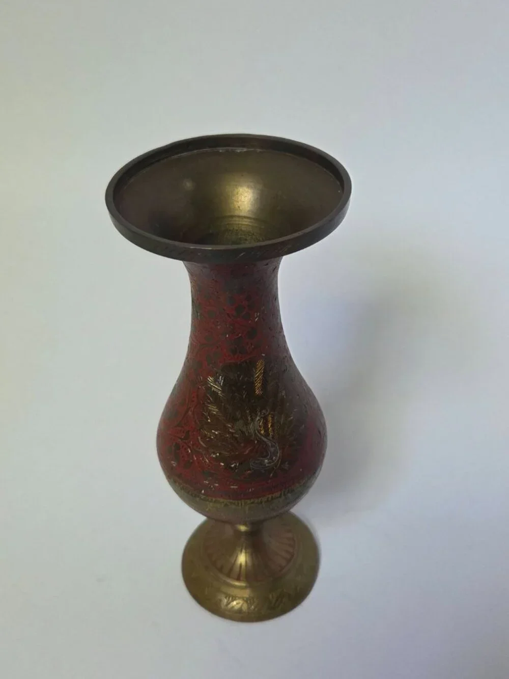 Vintage Enameled Brass Peacock Vase Made in India Hand Etched Red Pedestal Bud